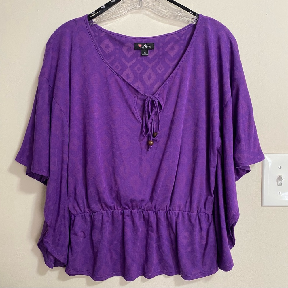 *Final Price* Guess Womens Flutter Sleeve Purple Semi Sheer Peplum Blouse Top XS